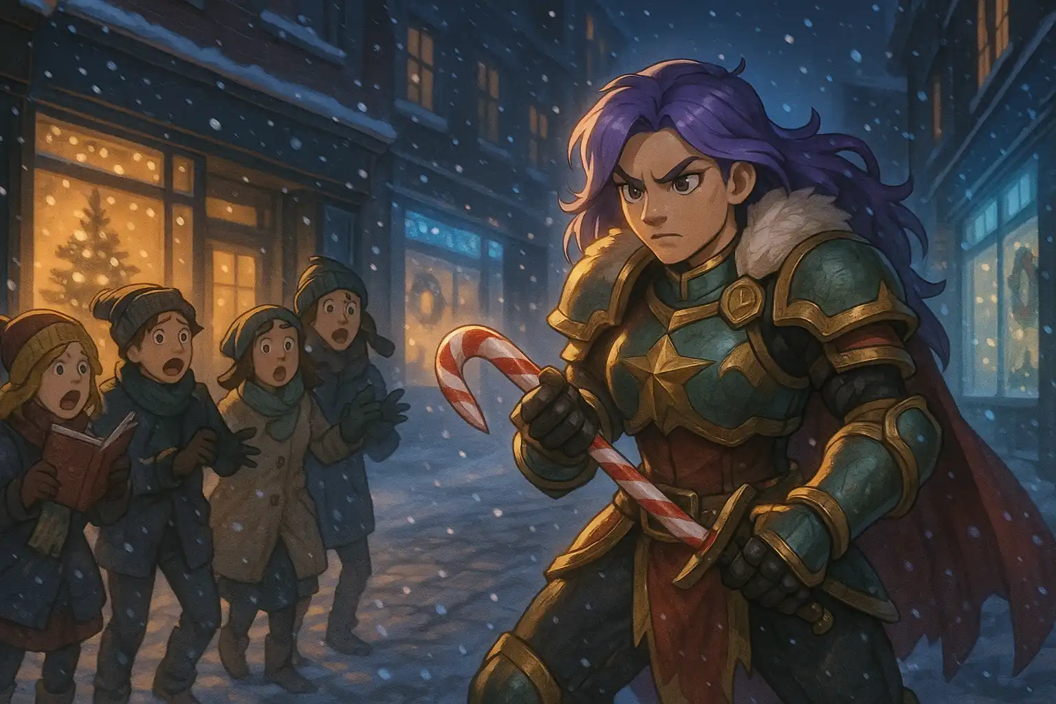 Anime-style winter street scene at night with glowing shop windows and drifting neon snow, Whaleslaughter in festive armor sharpening a candy cane like a dagger while confused carolers scatter, true 2:1 landscape